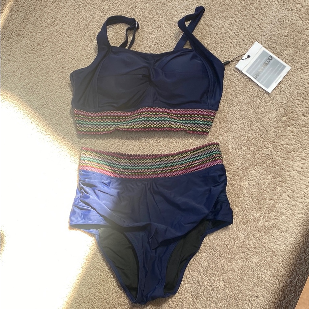Blue Bikini Set with Supportive Top and High-Waisted Bottom